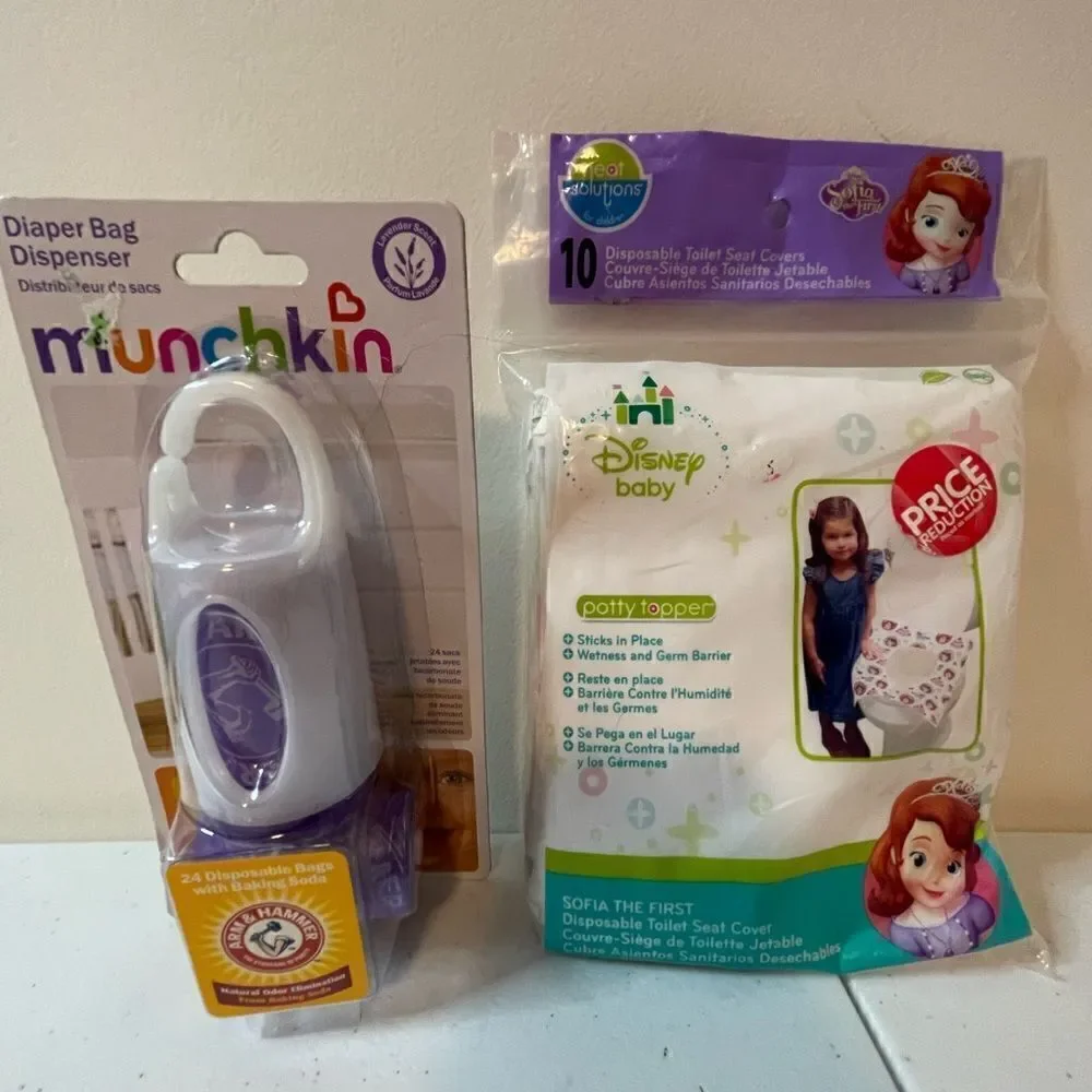 Disney Sophia potty covers and Munchkin diaper bag dispenser lot bundle